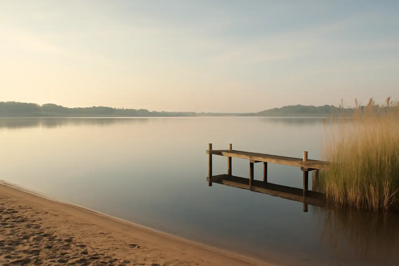 Rustige recreatieplas met riet en een houten steiger in ochtendlicht